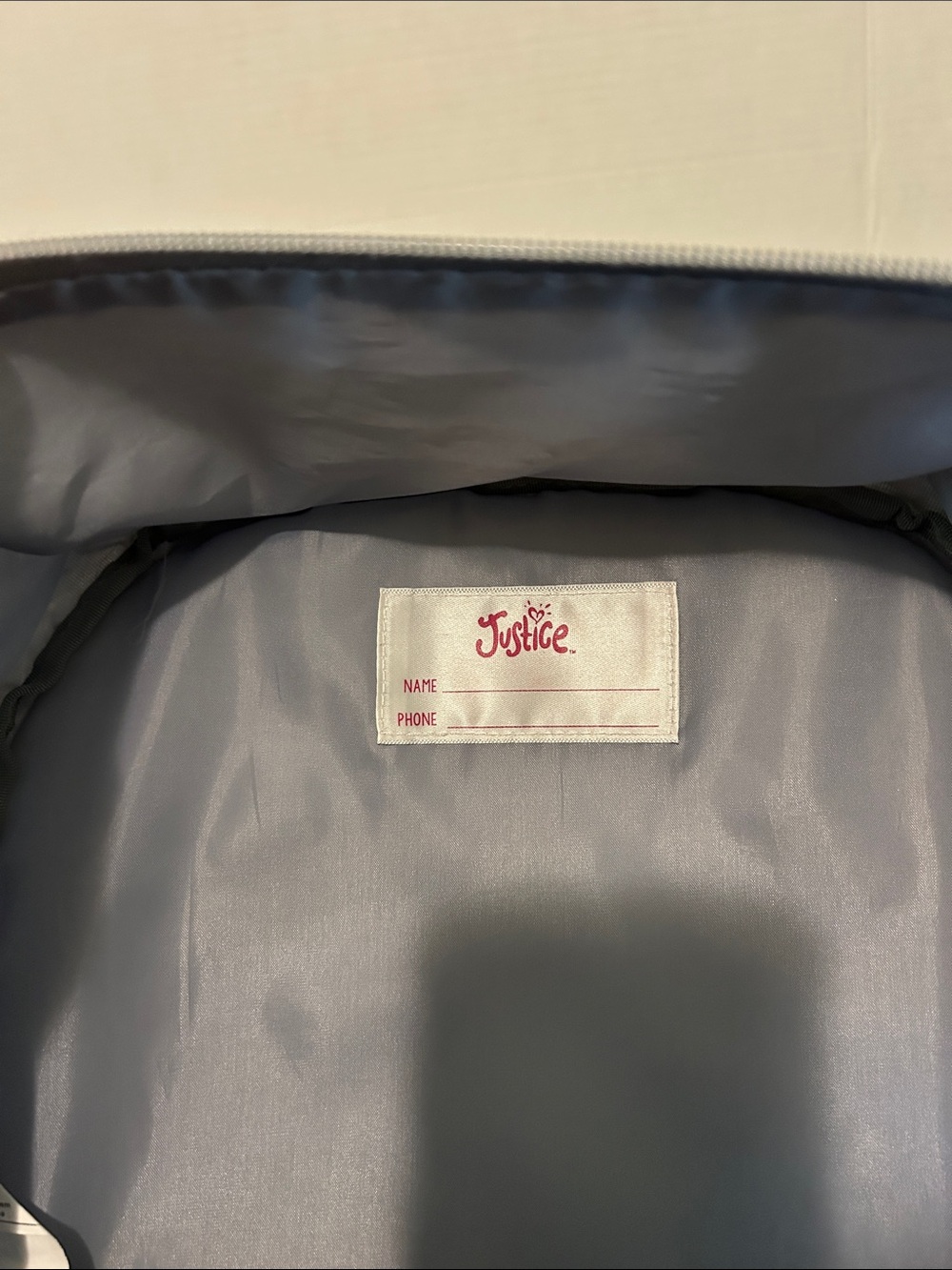 Justice ‘A’ Glitter Gray Backpack & Lunchbox Set with Rose Gold Polka Dots - Picture 13 of 16